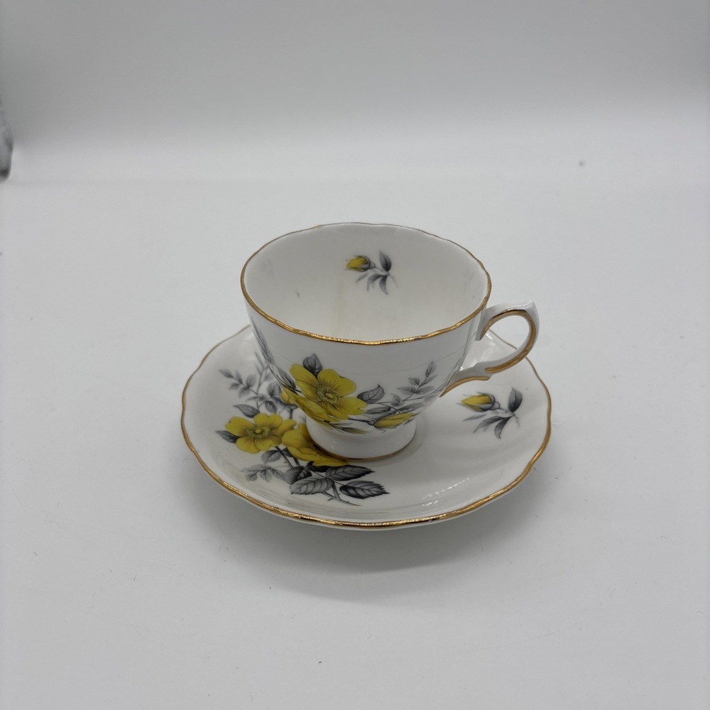 Mid Century Royal Vale Tea Cup Saucer Rose Gold Trim White Bone China